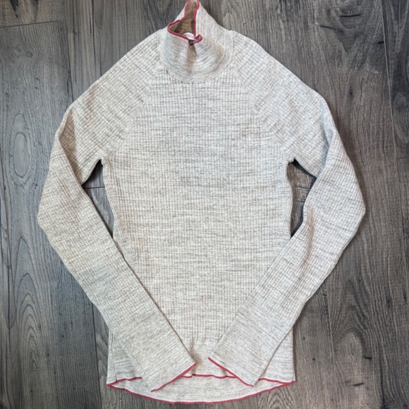 Victoria's Secret Sweaters - Victorias Secret Ribbed Mock Neck Long Sleeve Top Heathered Beige Pink Trim L G